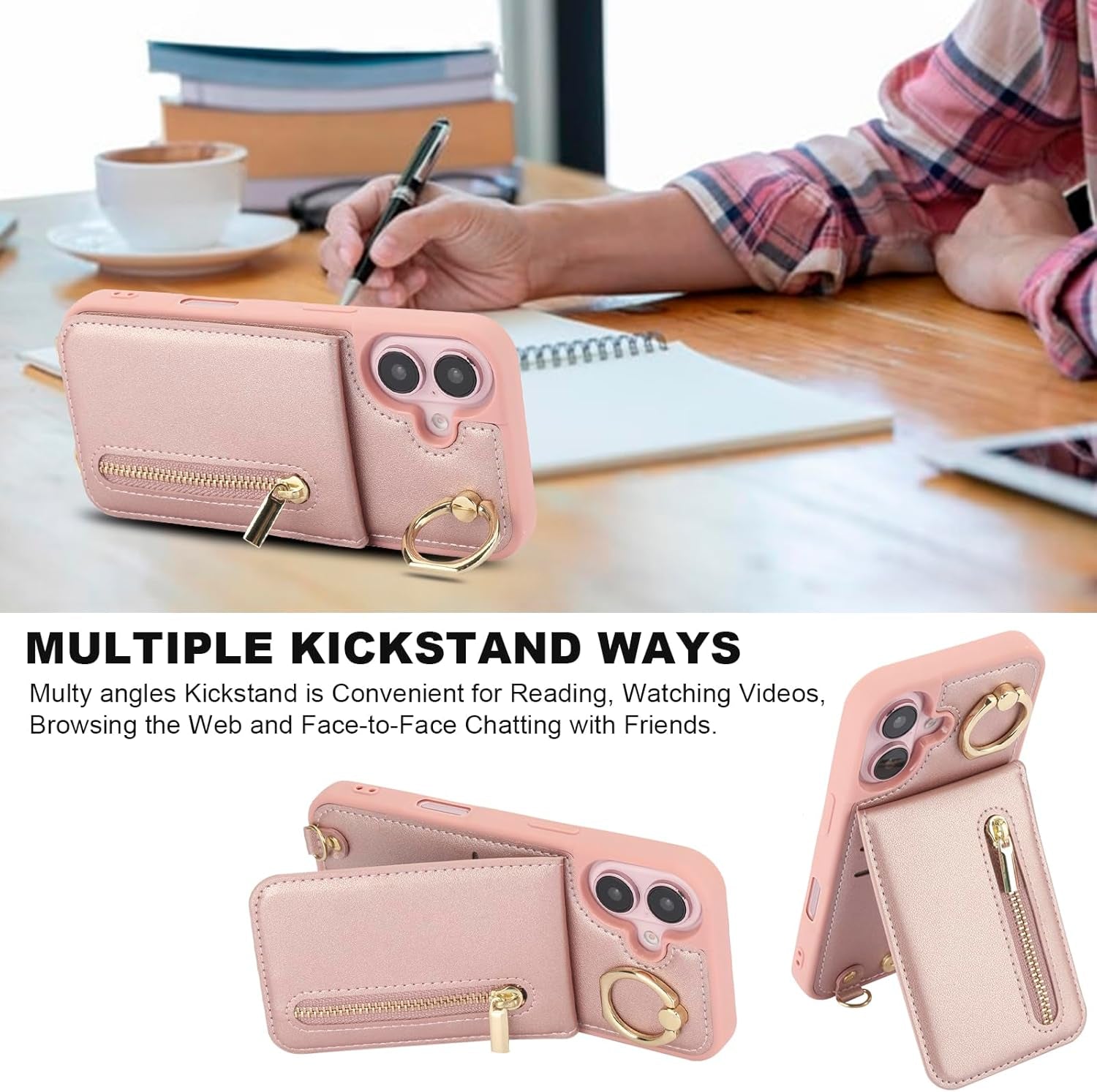 Crossbody Wallet Case for Iphone 16 Plus, with Card Slots Zipper Pocket Case, Flip Folio Purse RFID Blocking with Ring Kickstand Detachable Strap-Pink