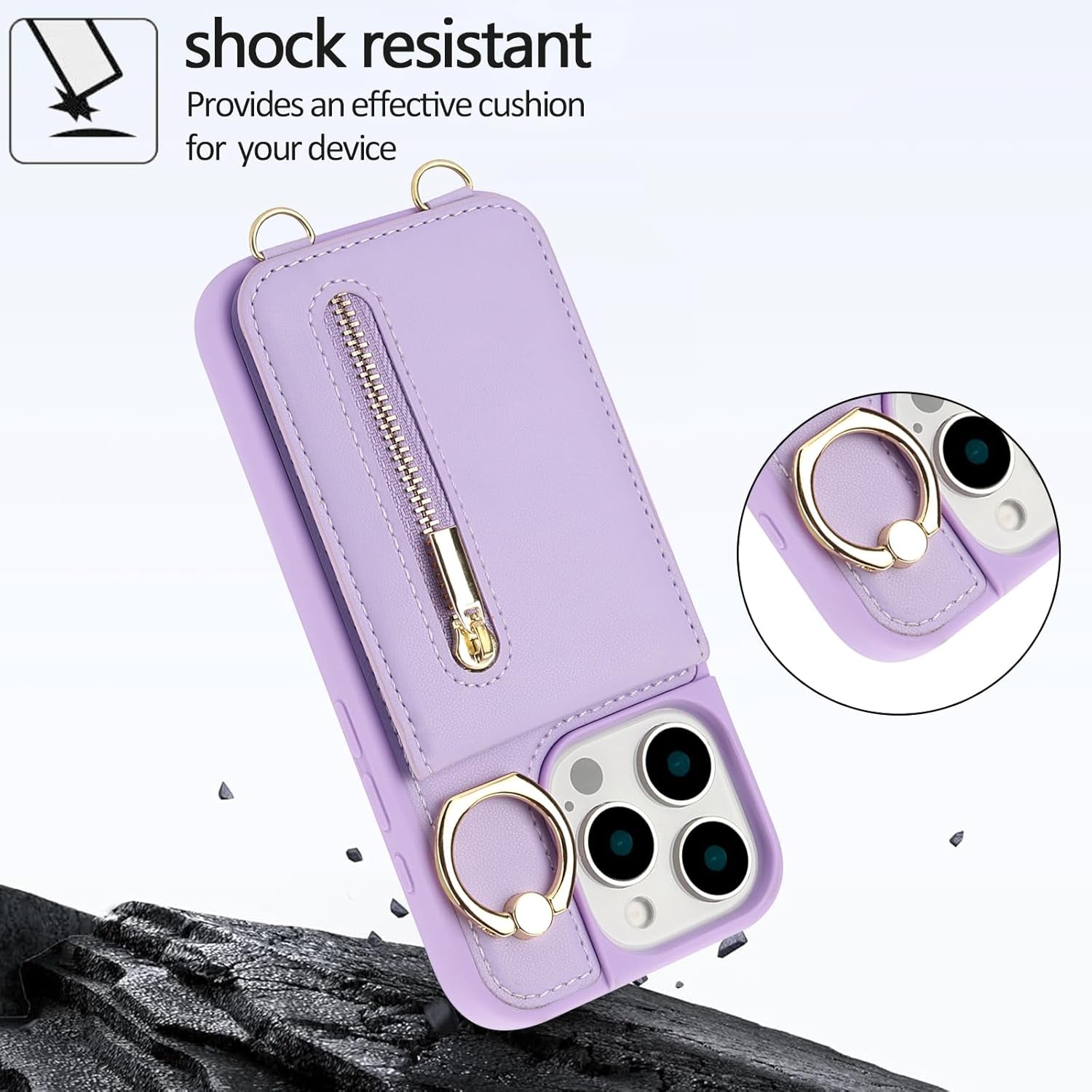 Crossbody Wallet Case for Iphone 16 Pro Max, with Card Slots Zipper Pocket Case, Flip Folio Purse RFID Blocking with Ring Kickstand Detachable Strap-Purple