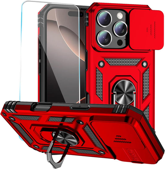 Case for Iphone 16 Pro Case with HD Screen Protector & Slide Camera Cover & Rotated Ring Kickstand, [Military-Grade] Phone Case for Iphone 16 Pro 6.3", Red
