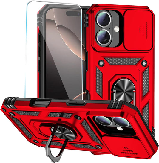 Phone Case for Iphone 16 Case with HD Screen Protector & Slide Camera Cover & Rotated Ring Kickstand, [Military-Grade] Phone Case for Iphone 16 6.1", Red