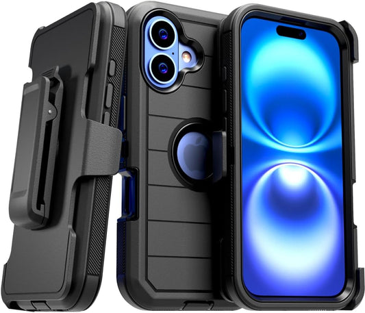 For Iphone 16 Case with Belt Clip Holster & Kickstand, Screenless Protective Dual-Layer Shockproof Iphone 16 Defender Case - Black