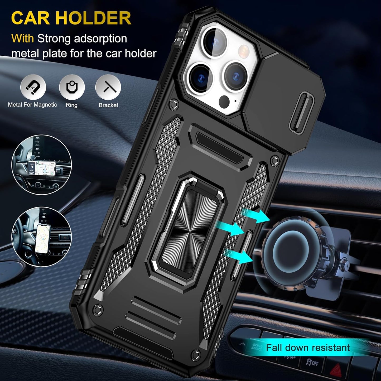 Phone Case for Iphone 16 Pro Max Case with HD Screen Protector & Slide Camera Cover & Rotated Ring Kickstand, [Military-Grade] Phone Case for Iphone 16 Pro Max 6.9", Z_Black