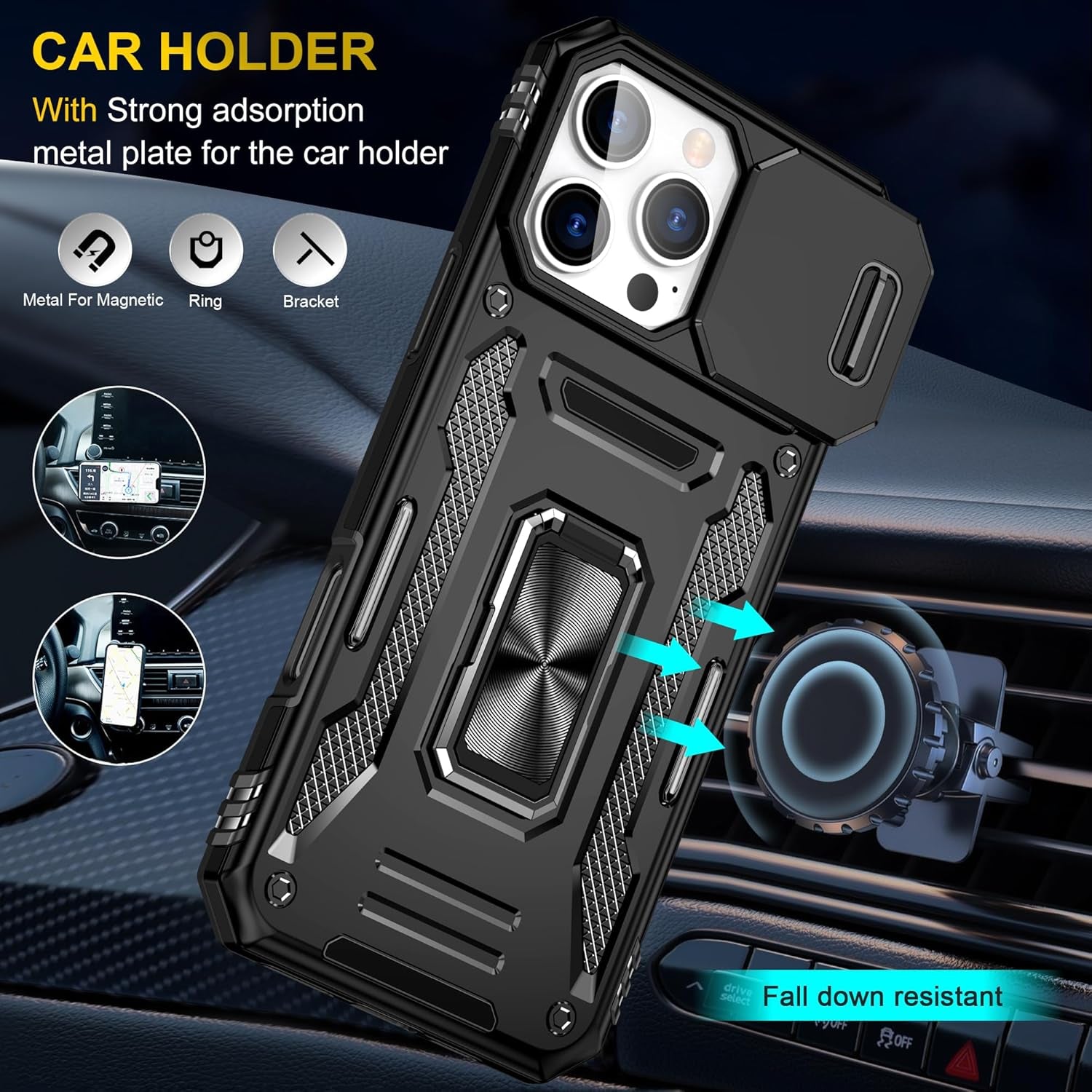 Phone Case for Iphone 16 Pro Max Case with HD Screen Protector & Slide Camera Cover & Rotated Ring Kickstand, [Military-Grade] Phone Case for Iphone 16 Pro Max 6.9", Z_Black