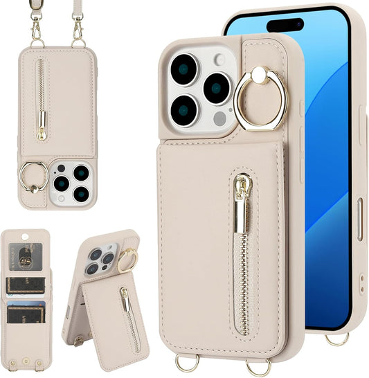 Crossbody Wallet Case for Iphone 16 Pro Max, with Card Slots Zipper Pocket Case, Flip Folio Purse RFID Blocking with Ring Kickstand Detachable Strap-Beige
