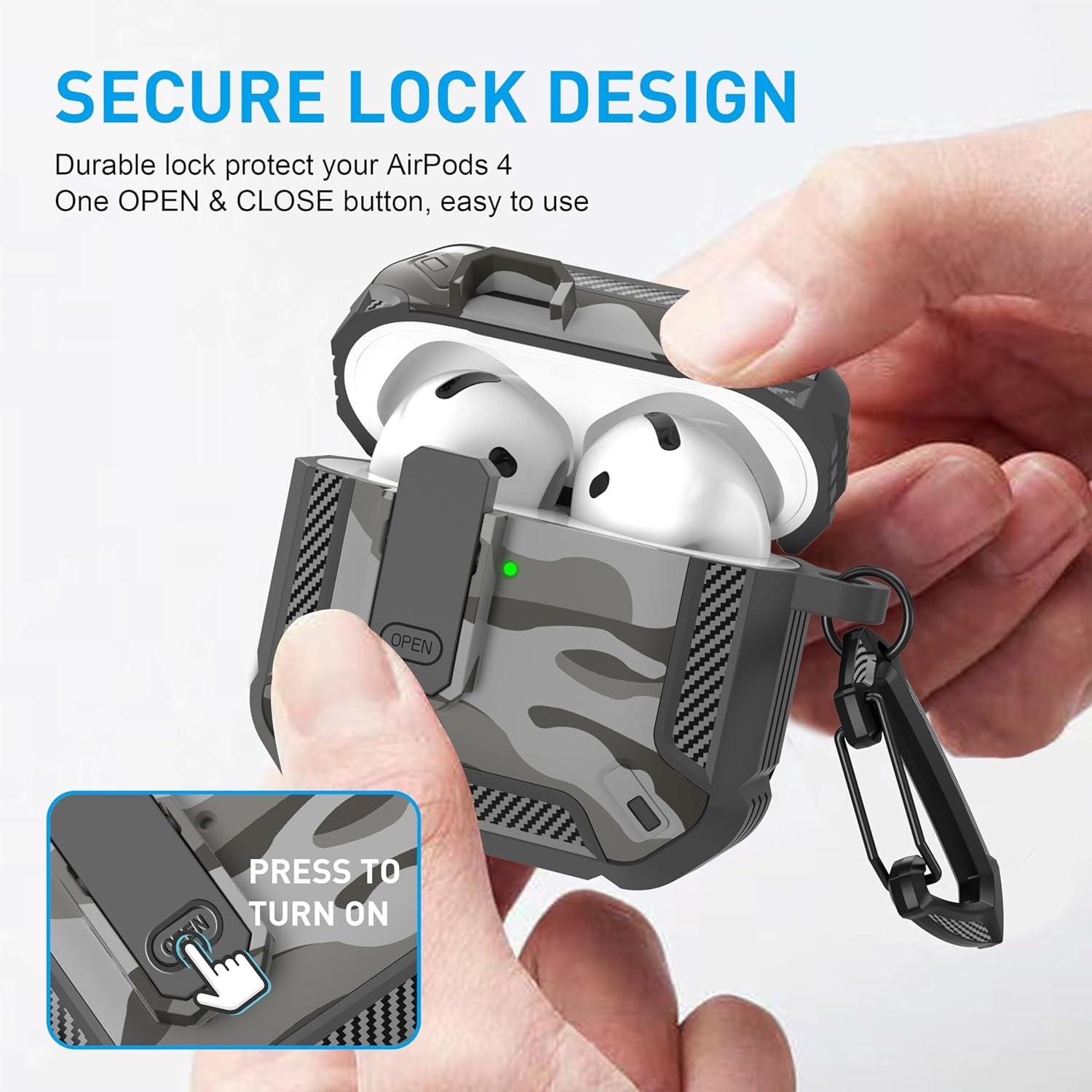 for Airpods 4 Case with Lock, Airpods 4Th Generation Case Cover with Cleaner Kit Shockproof Airpod Gen 4 Protective Cases with Keychain Compatible with Apple Airpods4 2024 2025, Grey Camo