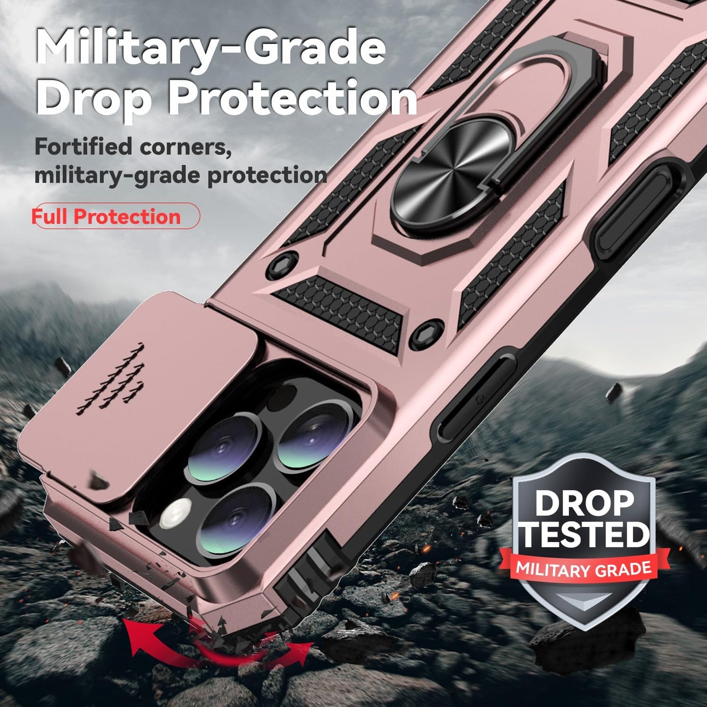 Case for Iphone 16 Pro Case with HD Screen Protector & Slide Camera Cover & Rotated Ring Kickstand, [Military-Grade] Phone Case for Iphone 16 Pro 6.3", Rosegold