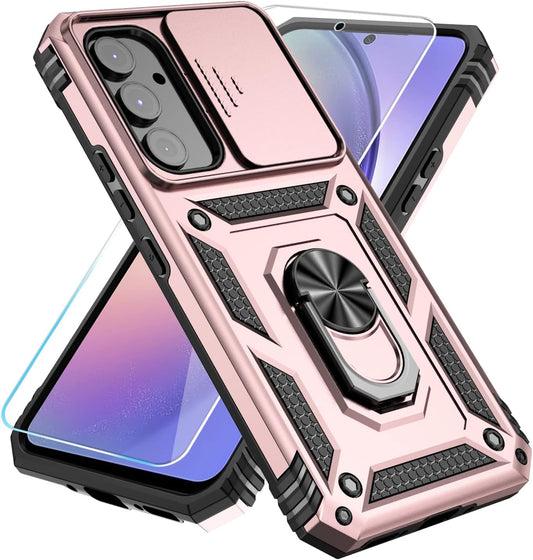Phone Case for Samsung Galaxy A14 5G Case with HD Screen Protector & Slide Camera Cover & Rotated Ring Kickstand, [Military-Grade] Phone Case for Galaxy A14 5G,Rose Gold