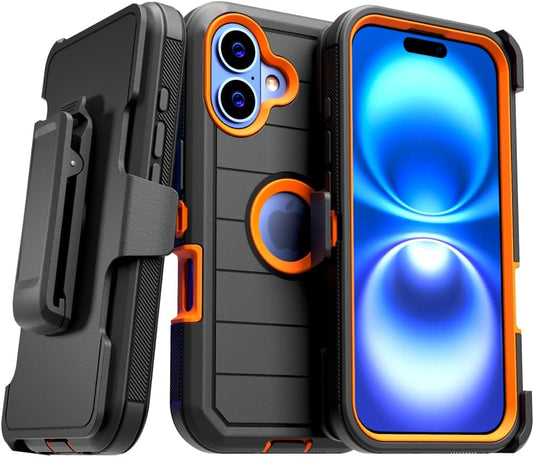 For Iphone 16 Case with Belt Clip Holster & Kickstand, Screenless Protective Dual-Layer Shockproof Iphone 16 Defender Case - Black & Orange