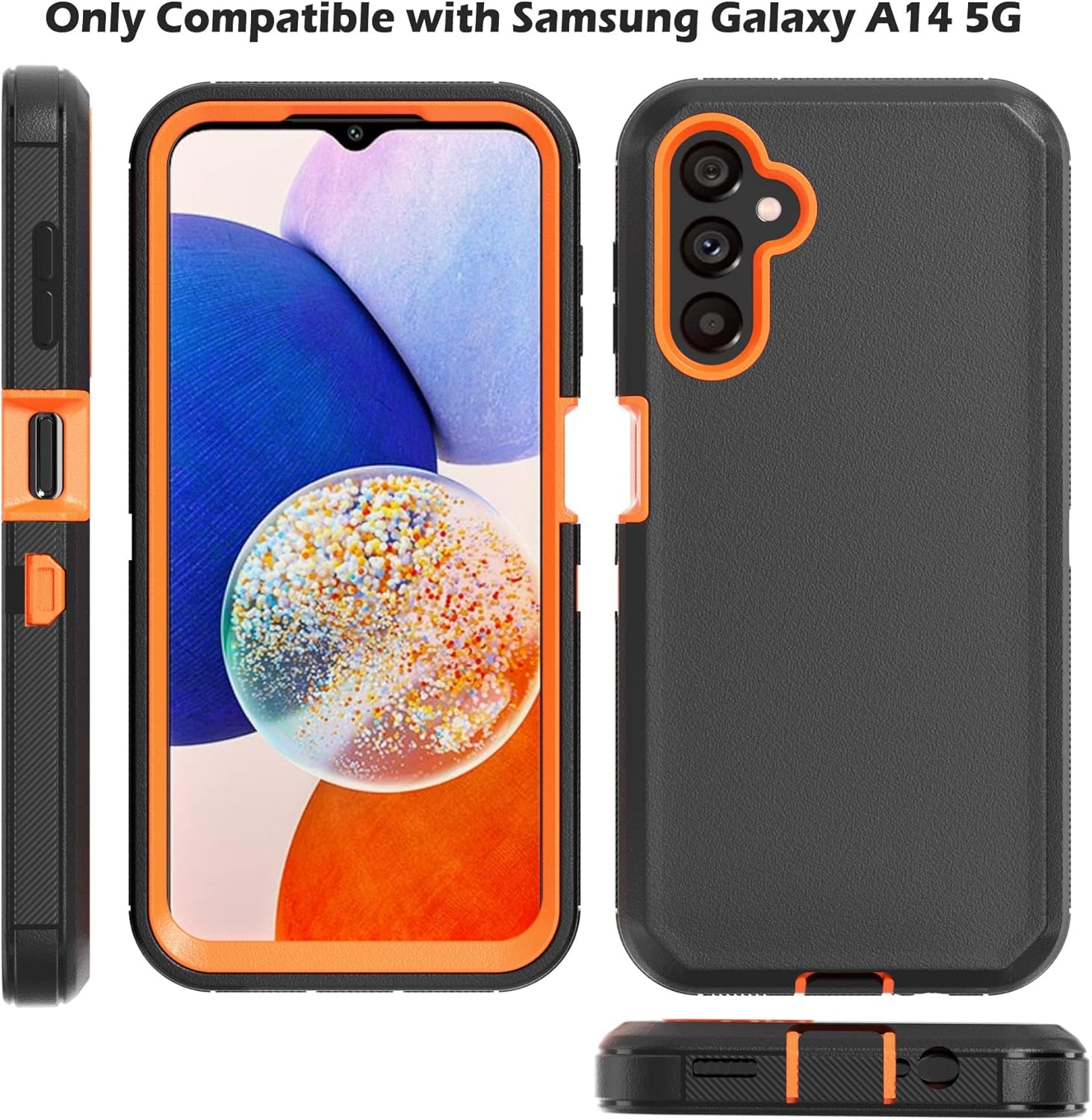 Phone Case for Samsung Galaxy A14 5G Case,Heavy Duty Hard Shockproof Armor Protector Case Cover with Belt Clip Holster for Samsung A14 5G 2023 Phone Case (Black+Orange)