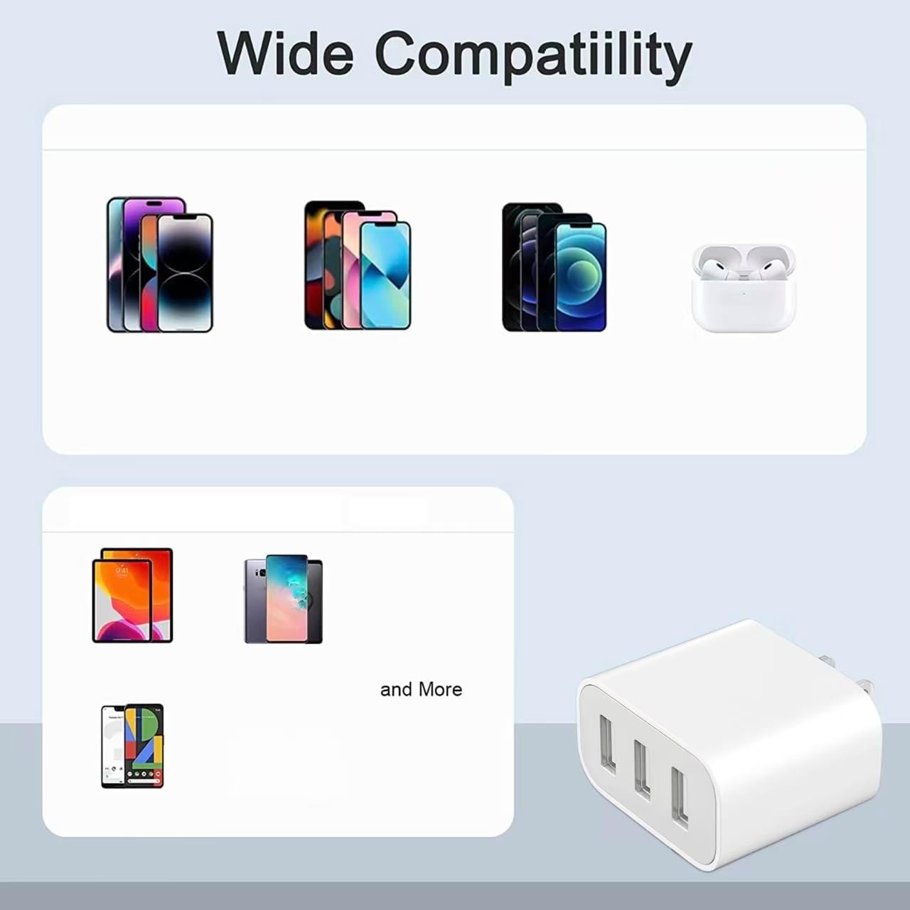 3 USB A Ports Charger Block，YTFCYIKBG Cell Phone wall Chargers，USB Cube wall Plug，for iPhone 14/13/12/11/X/XR/X/8/7/6, Galaxy, Android Phones and More （White）