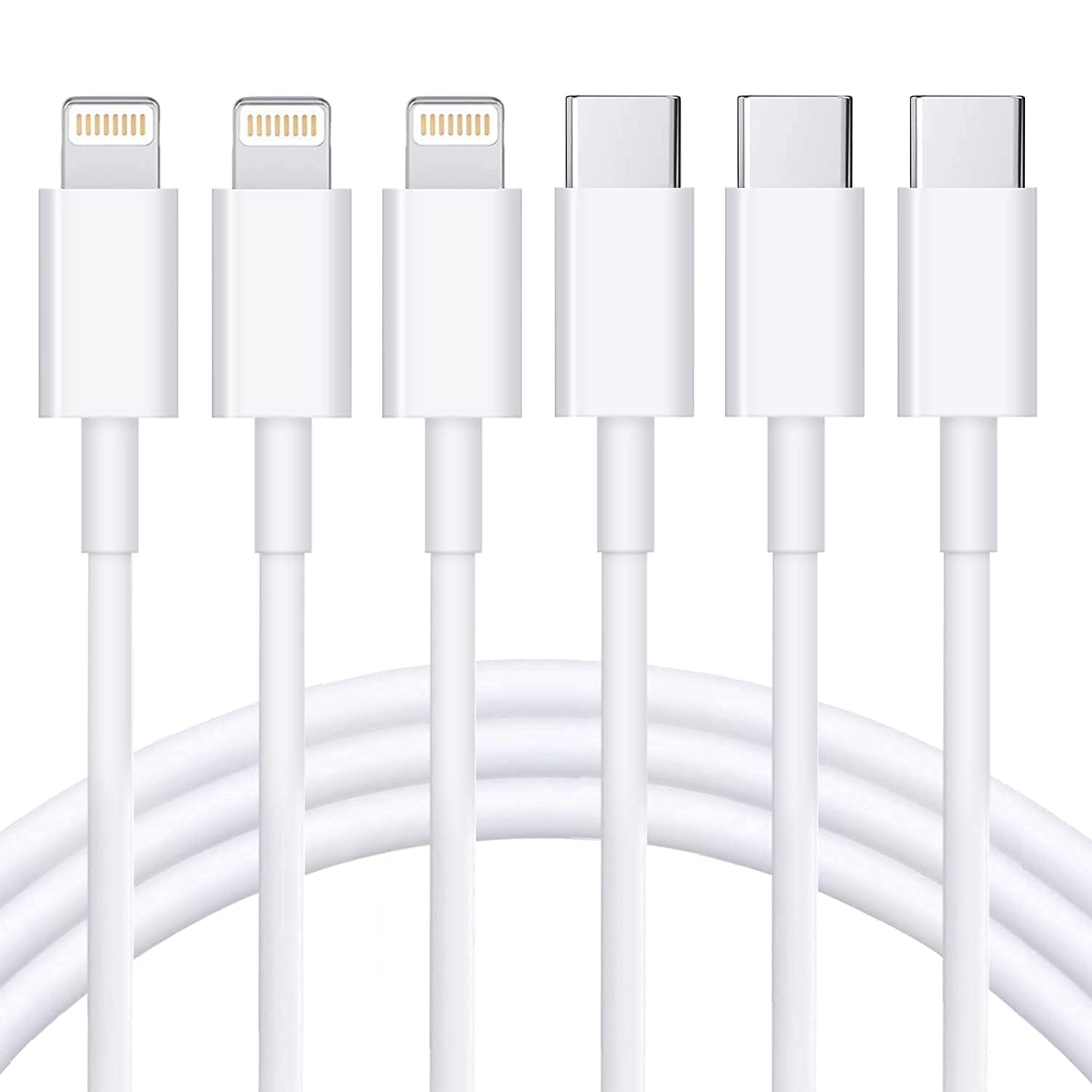 RCTech USB C to Lightning Cable 3Pack 6FT MFi Certified iPhone Fast Charger Cable USB-C Power Delivery Charging Cord for iPhone 14/13/12/11/XS/XR/X/8/iPad, White