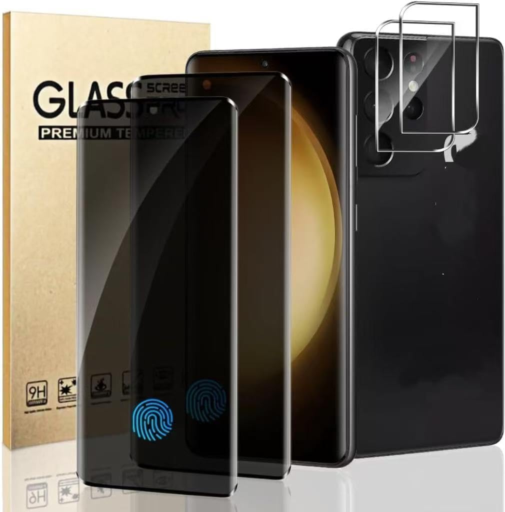 [2+2 Pack] Galaxy S21 Ultra Privacy Screen Protector with Camera Lens Protector, 9H Tempered Glass, Fingerprint Support, 3D Curved, HD Clear Anti-Spy Film for Galaxy S21 Ultra 5G (6.8 Inch)