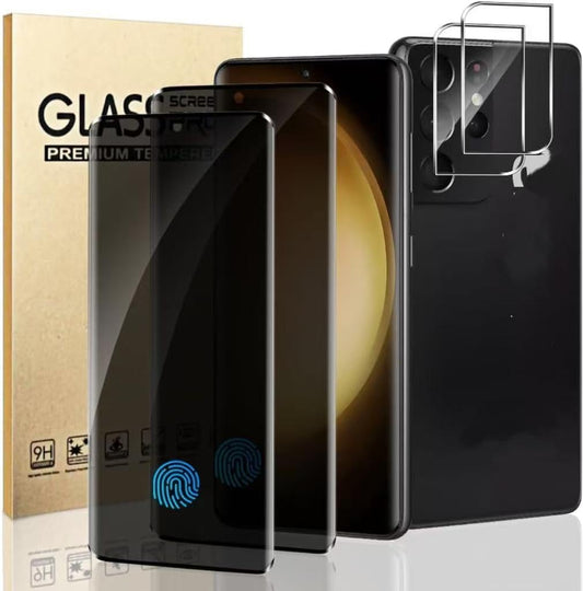 [2+2 Pack] Galaxy S21 Ultra Privacy Screen Protector with Camera Lens Protector, 9H Tempered Glass, Fingerprint Support, 3D Curved, HD Clear Anti-Spy Film for Galaxy S21 Ultra 5G (6.8 Inch)