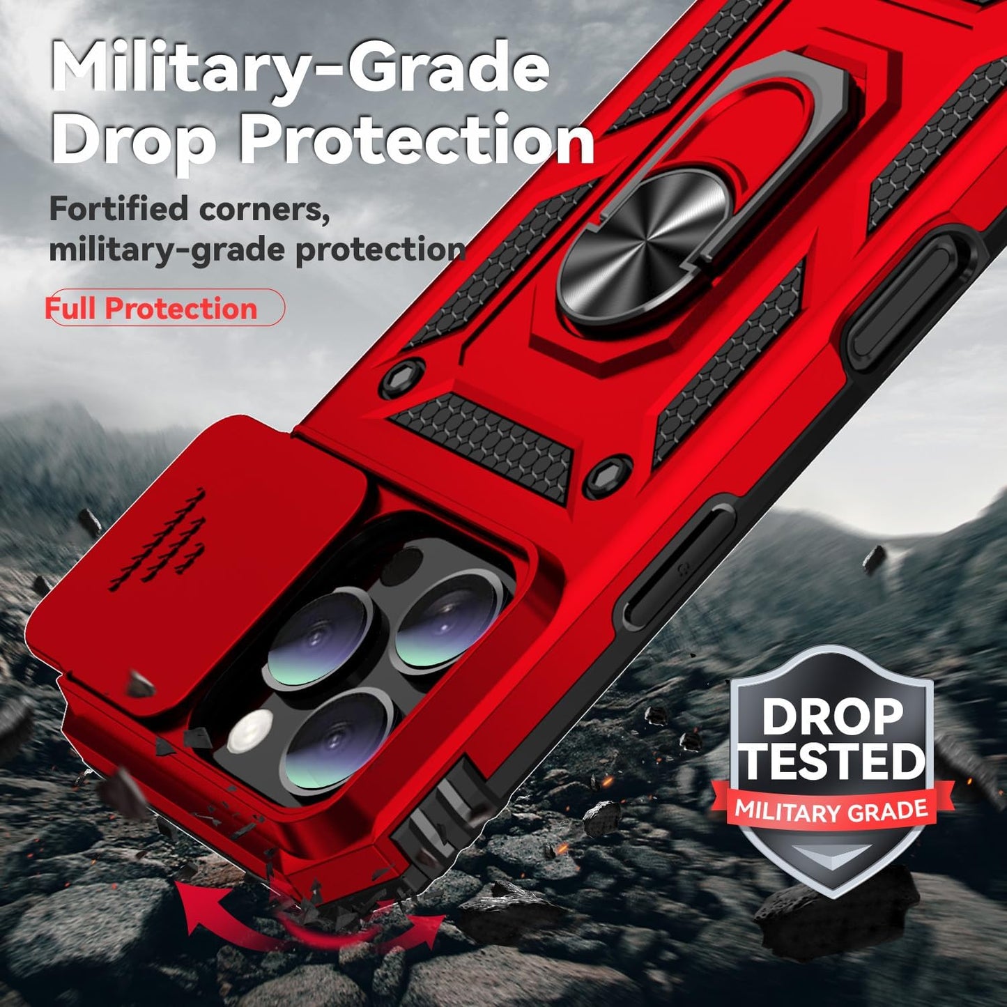 Case for Iphone 16 Pro Case with HD Screen Protector & Slide Camera Cover & Rotated Ring Kickstand, [Military-Grade] Phone Case for Iphone 16 Pro 6.3", Red