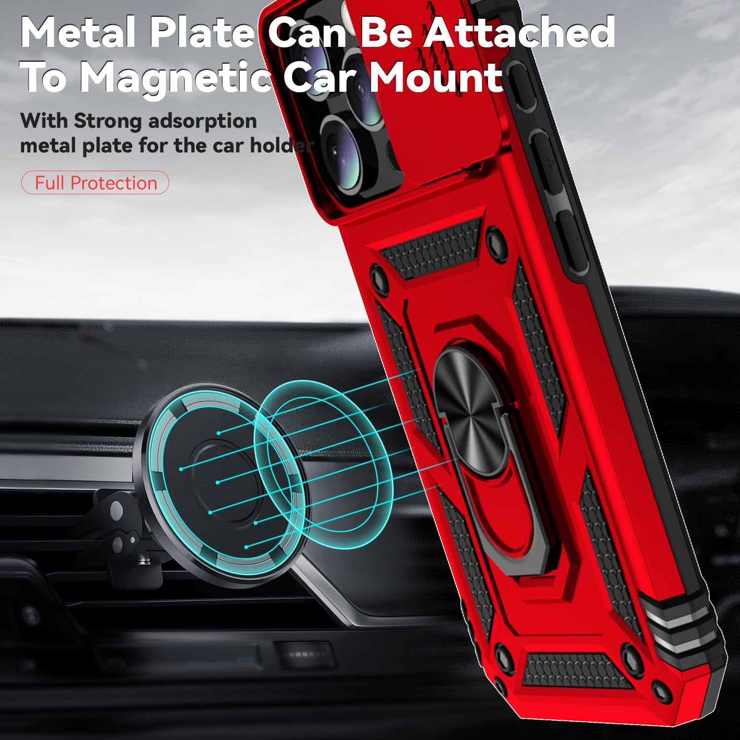 Case for Iphone 16 Pro Case with HD Screen Protector & Slide Camera Cover & Rotated Ring Kickstand, [Military-Grade] Phone Case for Iphone 16 Pro 6.3", Red