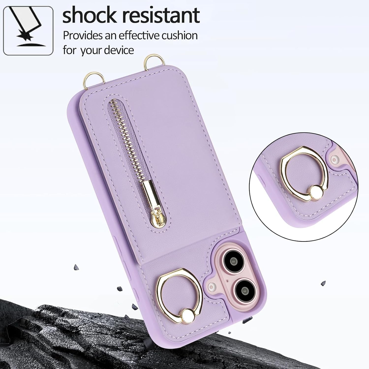 Crossbody Wallet Case for Iphone 16, with Card Slots Zipper Pocket Case, Flip Folio Purse RFID Blocking with Ring Kickstand Detachable Strap-Purple