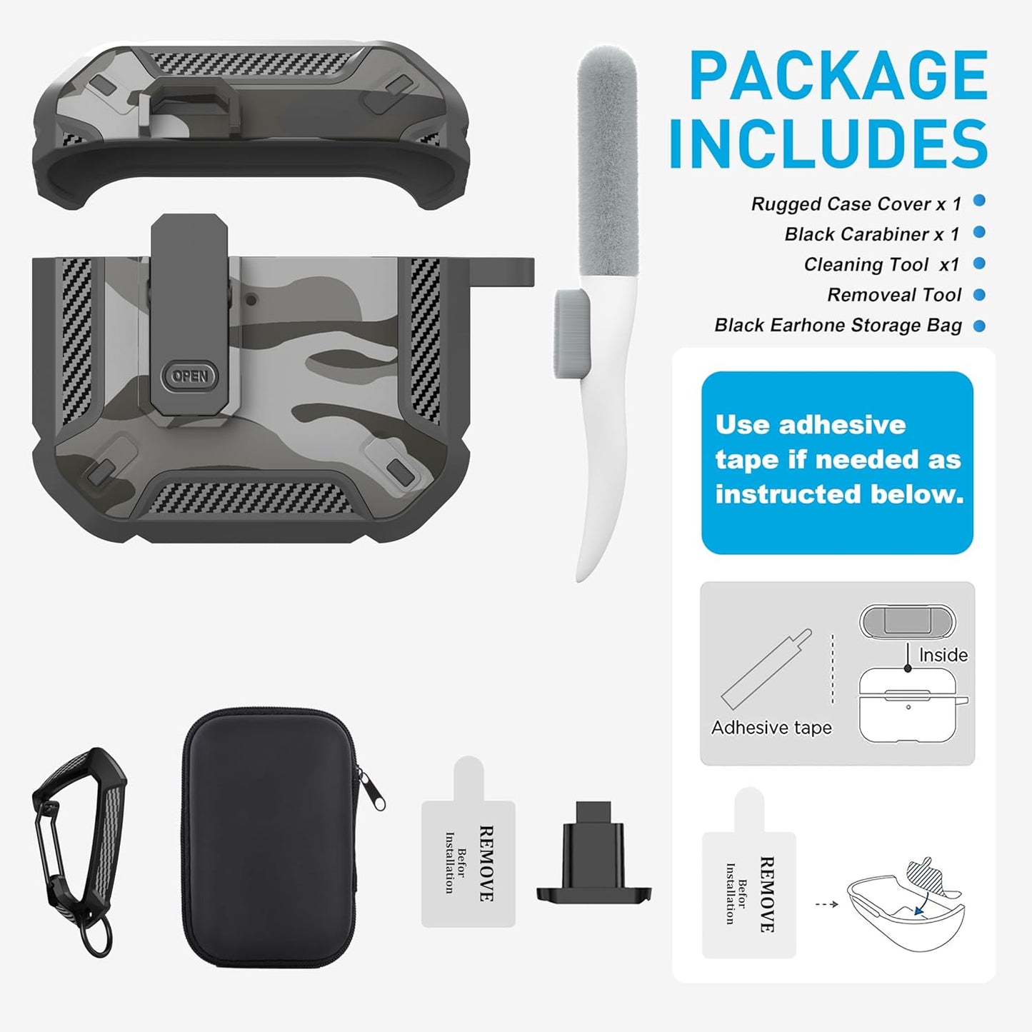 for Airpods 4 Case with Lock, Airpods 4Th Generation Case Cover with Cleaner Kit Shockproof Airpod Gen 4 Protective Cases with Keychain Compatible with Apple Airpods4 2024 2025, Grey Camo