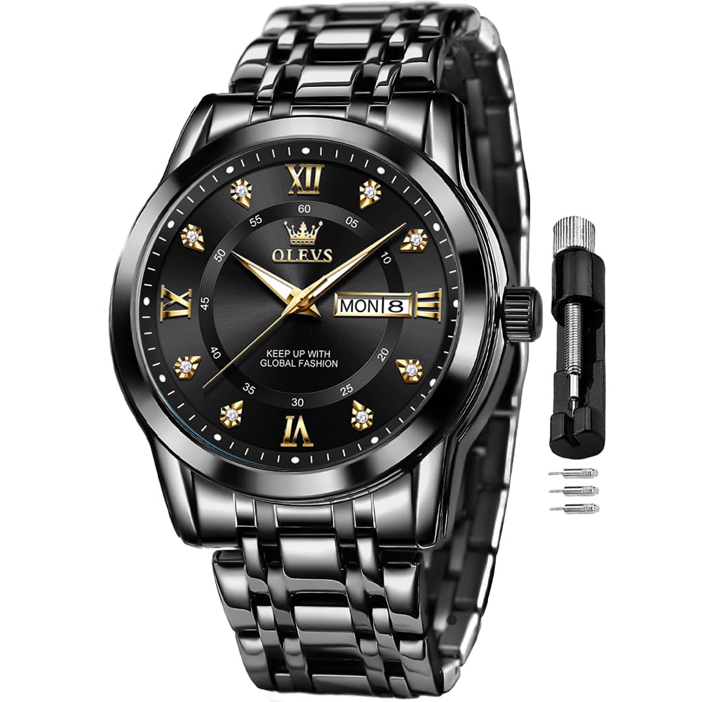 OLEVS Watch for Men Classic Business Dress Analog Quartz Stainless Steel Waterproof Luminous Date Diamond Men Silver Watch