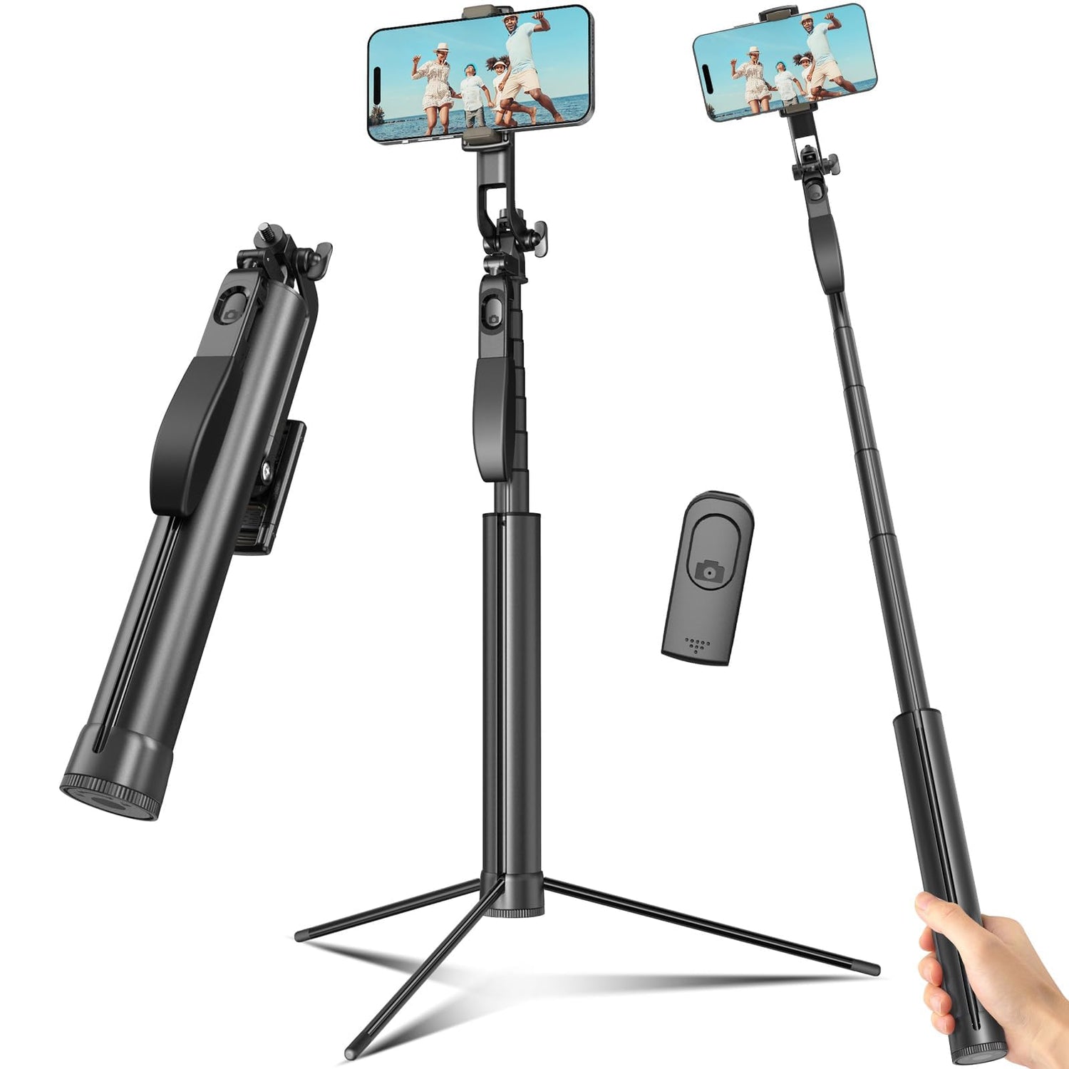 Selfie Stick Tripod for Phone with Remote Control & Holder, 50 Inch, Black | Extendable Selfie Stick Travel for iPhone, iPhone Tripod for Video Recording