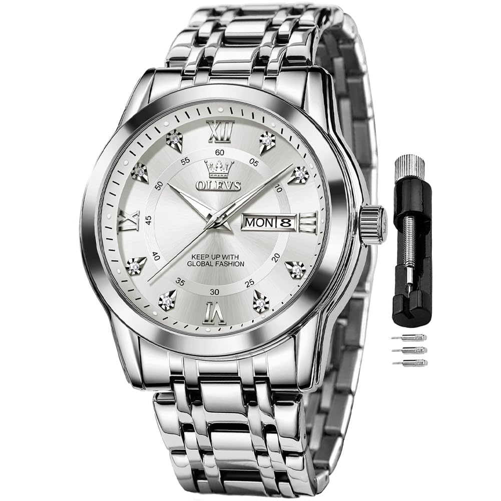 OLEVS Watch for Men Classic Business Dress Analog Quartz Stainless Steel Waterproof Luminous Date Diamond Men Silver Watch