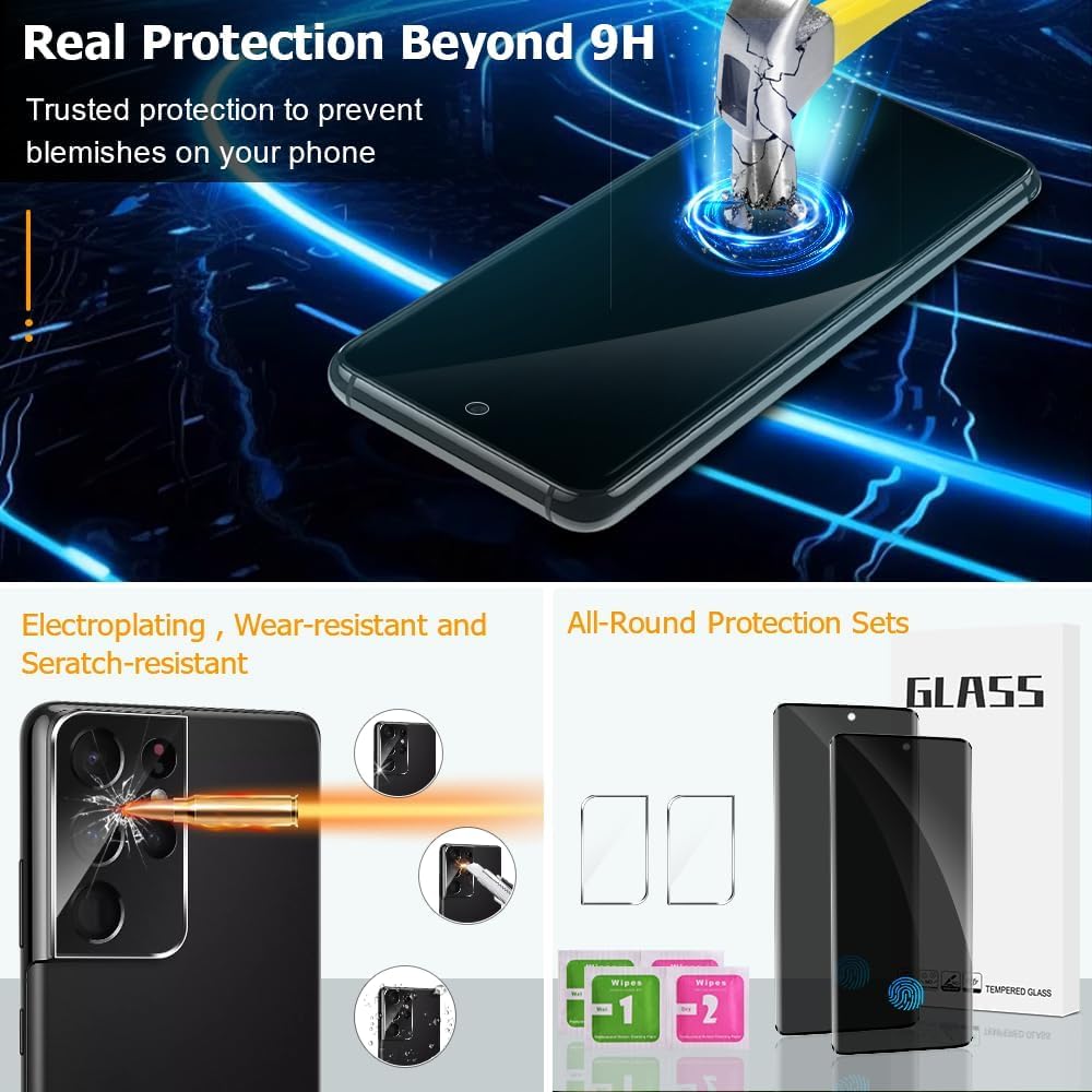 [2+2 Pack] Galaxy S21 Ultra Privacy Screen Protector with Camera Lens Protector, 9H Tempered Glass, Fingerprint Support, 3D Curved, HD Clear Anti-Spy Film for Galaxy S21 Ultra 5G (6.8 Inch)