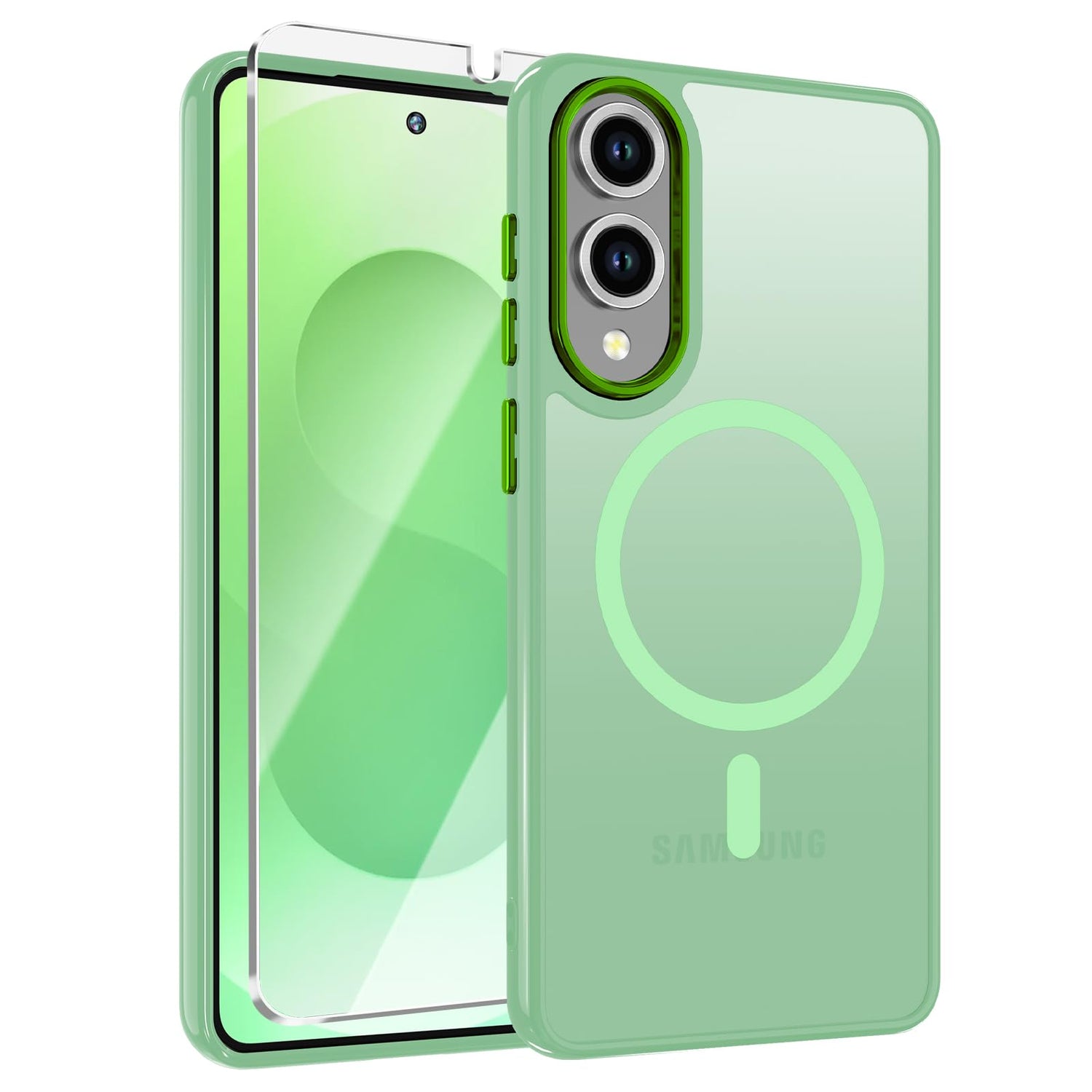 WRJ for Samsung Galaxy S25 Case,Galaxy S24 Case with Screen Protector,[Compatible with Magsafe] Magnetic Slim Matte Translucent Phone Case Women Men Shockproof Protective Cover-Matcha Green