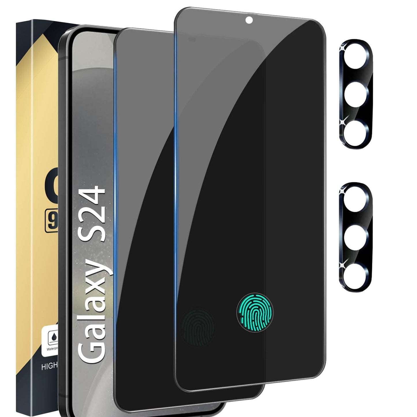 [2+2 Pack] Privacy Screen Protector Compatible with Galaxy S24 5G, 2 Tempered Glass Film with 2 Camera Lens Protectors, High Clarity, Anti-Spy Protection