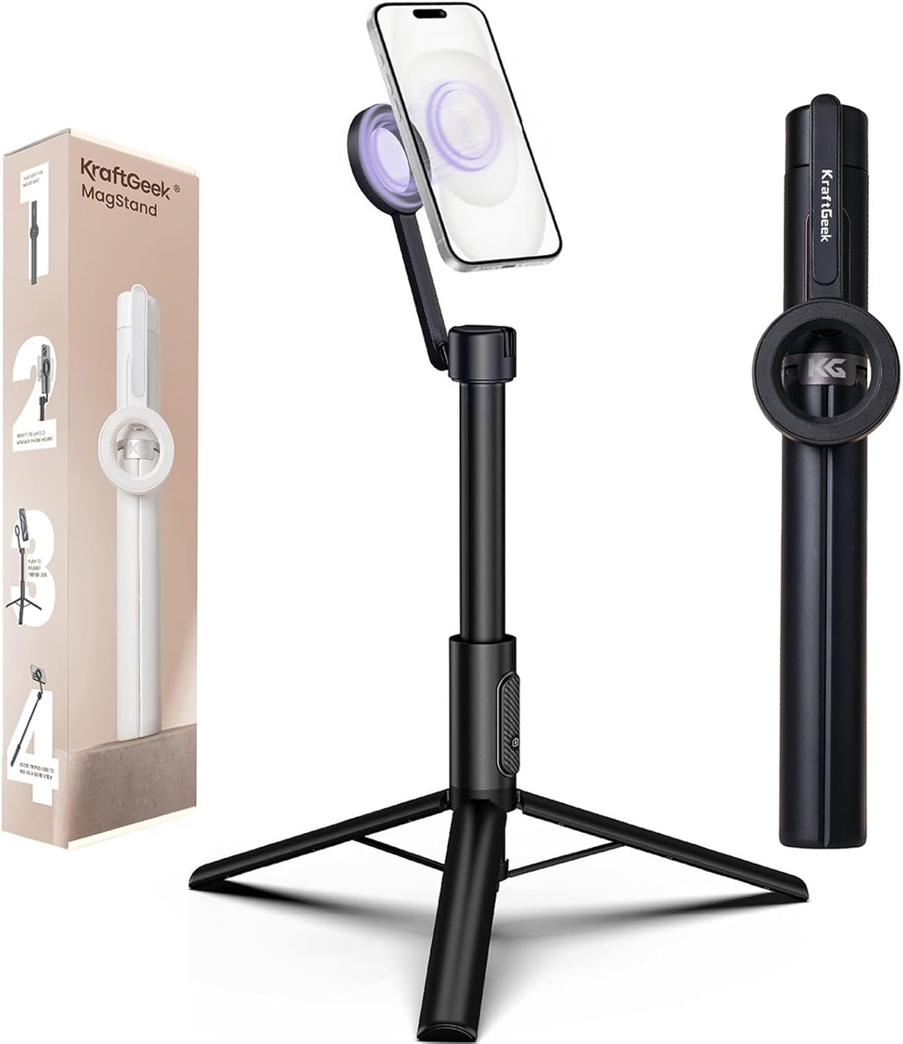 KraftGeek Magnetic Phone Tripod for iPhone, 64" Selfie Stick for Magsafe | N52 Magnetic Mount, Reinforced Aluminum, Portable Cell Phone Tripod Stand with Remote for Travel & Video Recording