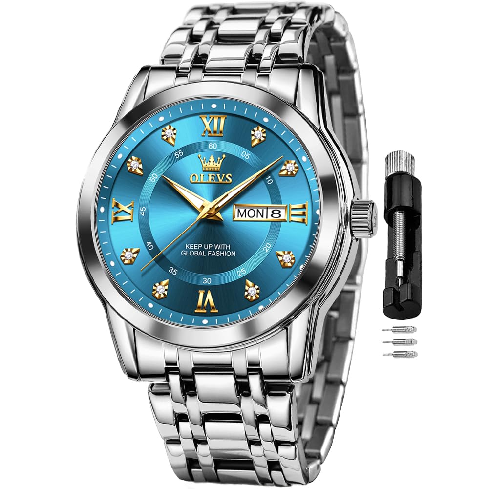 OLEVS Watch for Men Classic Business Dress Analog Quartz Stainless Steel Waterproof Luminous Date Diamond Men Silver Watch