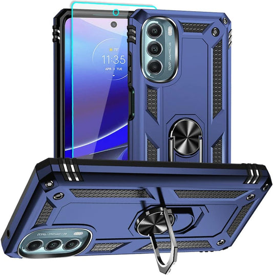 Aozuoton for Moto G Stylus 5G 2022 Case with HD Screen Protector, Military Grade 16ft. Drop Tested Ring Shockproof Protective Phone Case for Moto G Stylus 5G 2022, Blue