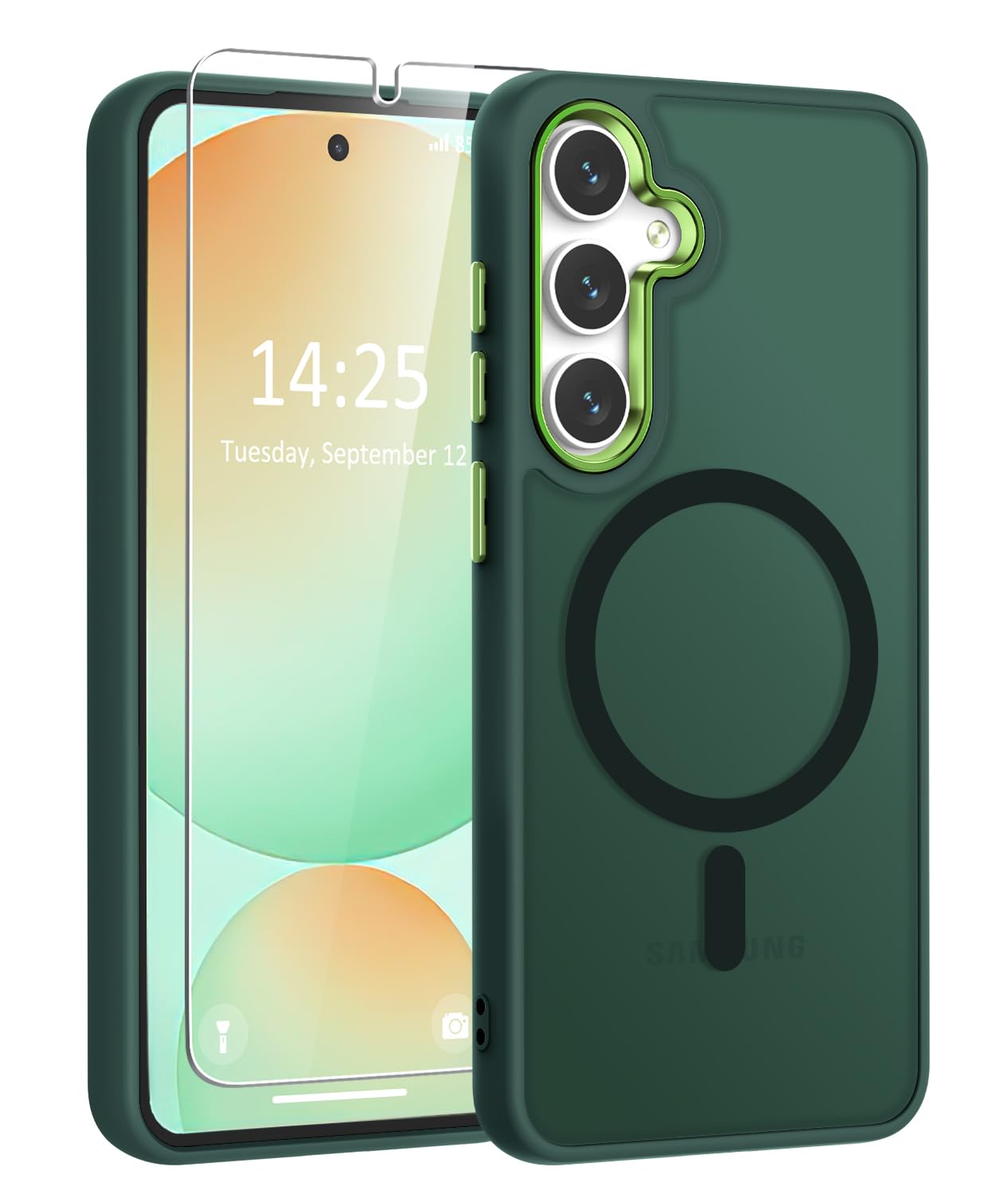 WRJ for Samsung Galaxy S25 Case,Galaxy S24 Case with Screen Protector,[Compatible with Magsafe] Magnetic Slim Matte Translucent Phone Case Women Men Shockproof Protective Cover-Matcha Green