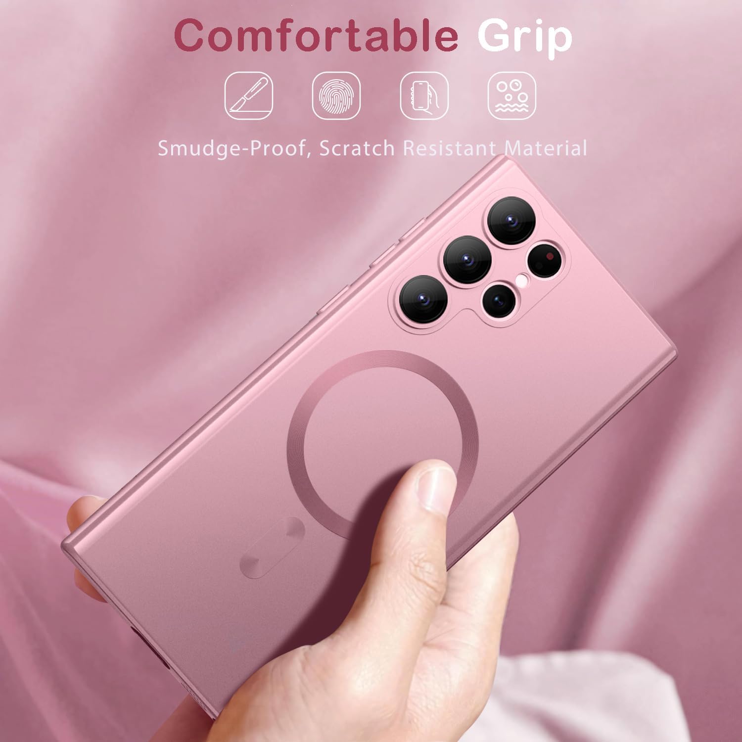 Magnetic for Samsung Galaxy S22 Ultra Case for Women Men Girls [Compatible with MagSafe] [Camera Lens Protector] Matte Cute Slim Soft Silicone Bumper Shockproof Metallic Phone Case, Pink