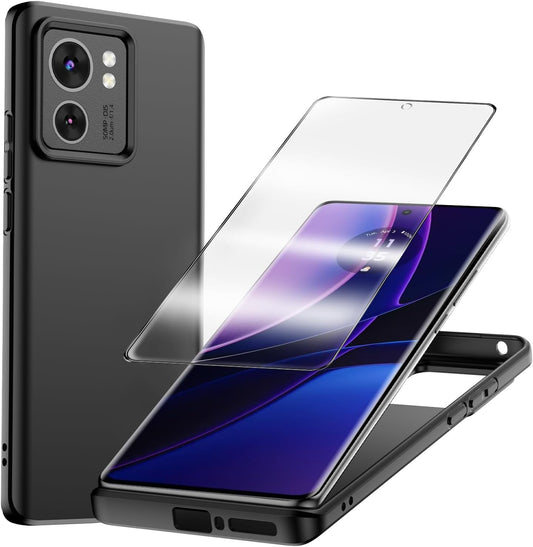 for Motorola Moto Edge 2023 Case and 1 Pack Tempered Glass Screen Protector, Slim Silicone Shockproof Protective Case Cover - Black