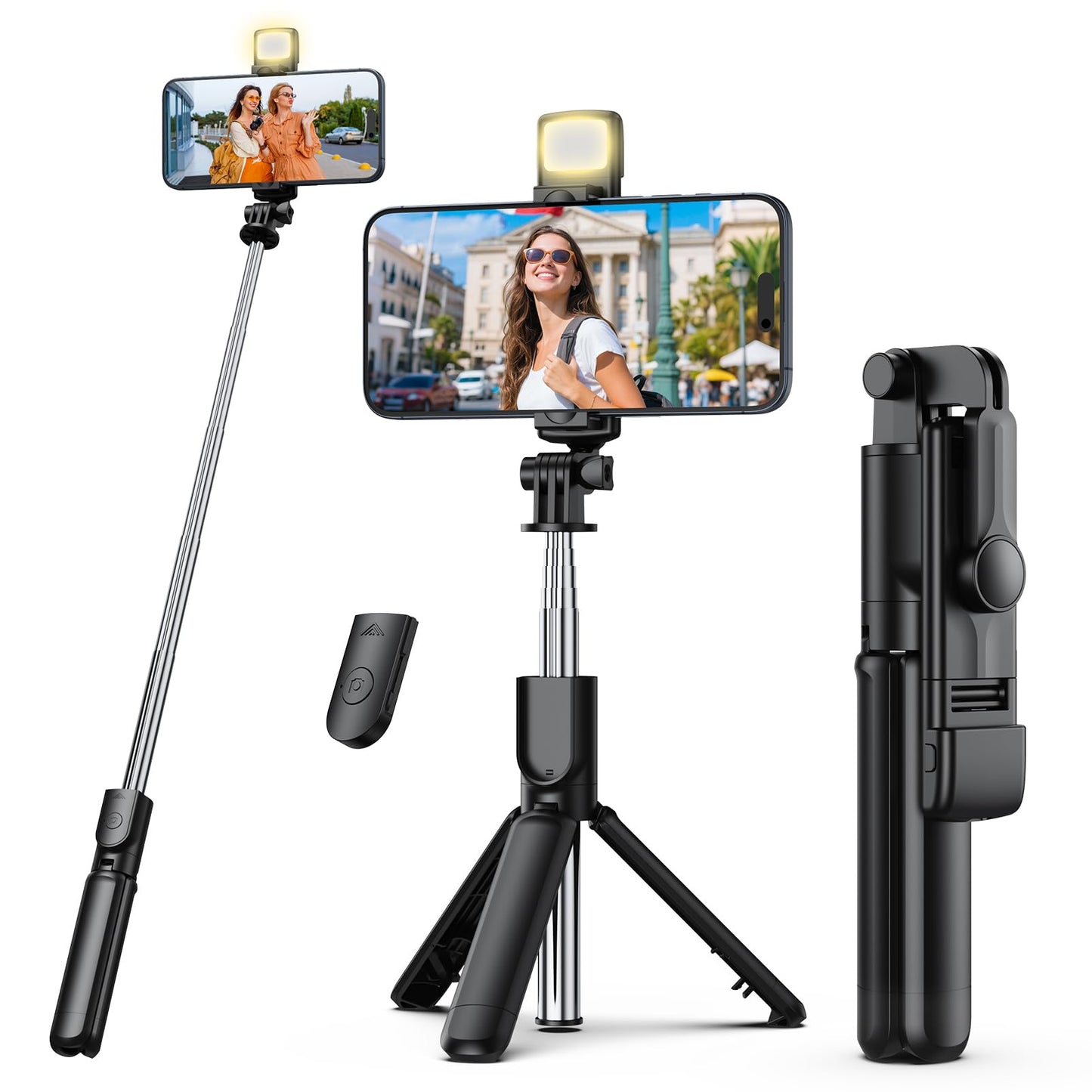 Pink Selfie Stick Tripod, with Wireless Remote Control, Live Streaming and Video Recording, Compatible with Android, iPhone and More