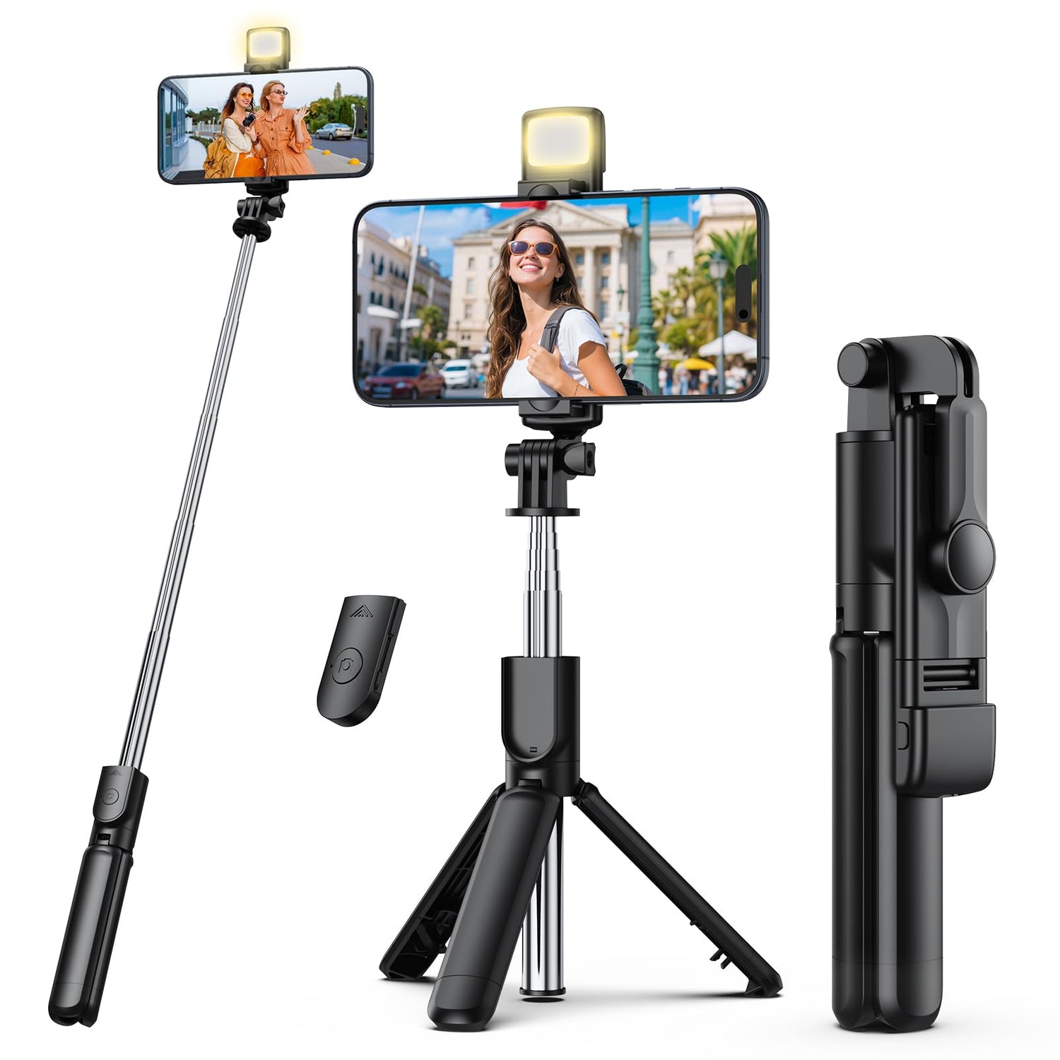 Pink Selfie Stick Tripod, with Wireless Remote Control, Live Streaming and Video Recording, Compatible with Android, iPhone and More