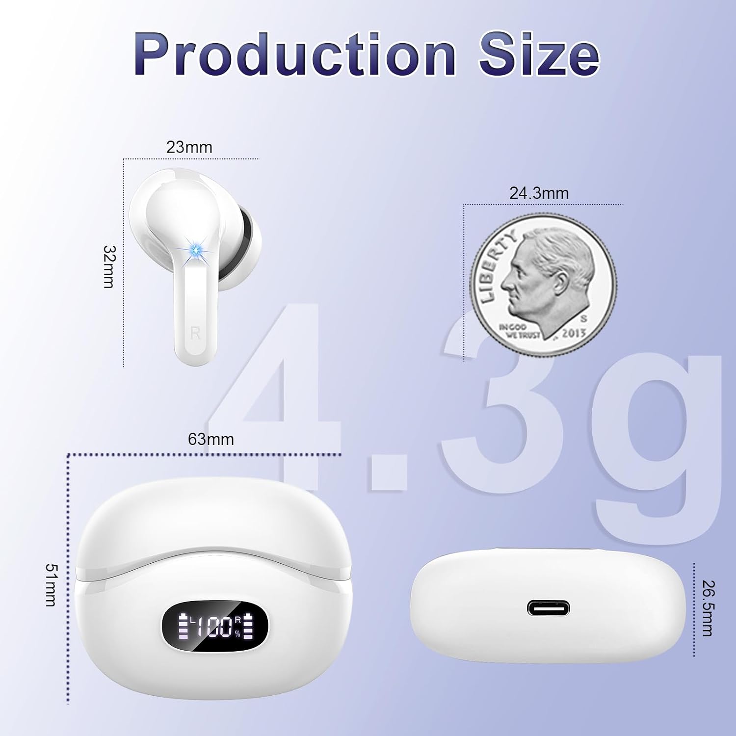 Wireless Earbuds, 48Hrs 2026 Bluetooth Headphones, Hi-Fi Stereo Deep Bass Ear Buds, ENC Noise Cancelling Mic, Clear Calls, IP-X7 Waterproof, USB Sport Earphones in Ear for Phones Laptop Pad, White