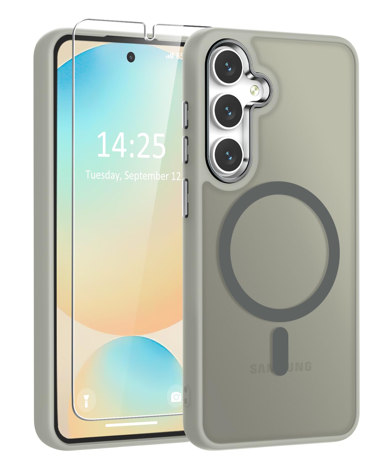 WRJ for Samsung Galaxy S25 Case,Galaxy S24 Case with Screen Protector,[Compatible with Magsafe] Magnetic Slim Matte Translucent Phone Case Women Men Shockproof Protective Cover-Matcha Green