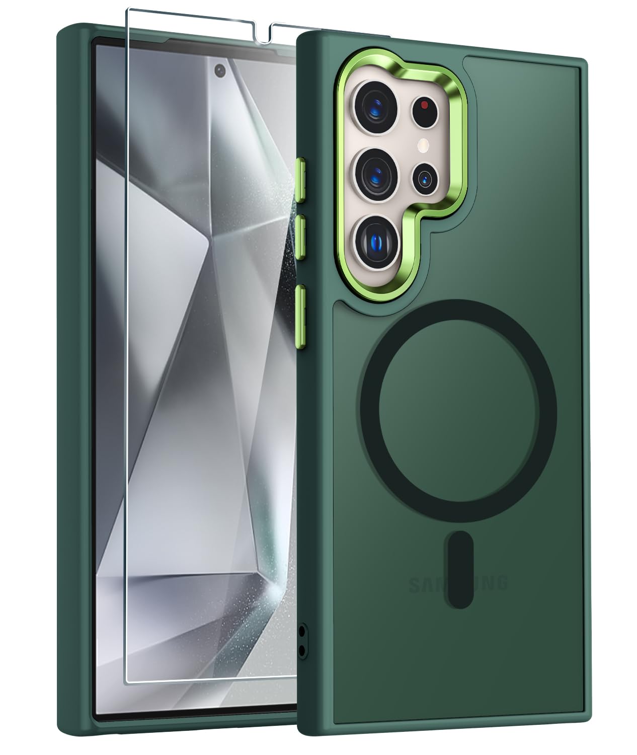 WRJ for Samsung Galaxy S25 Case,Galaxy S24 Case with Screen Protector,[Compatible with Magsafe] Magnetic Slim Matte Translucent Phone Case Women Men Shockproof Protective Cover-Matcha Green