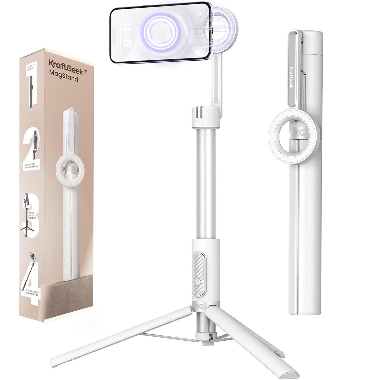 KraftGeek Magnetic Phone Tripod for iPhone, 64" Selfie Stick for Magsafe | N52 Magnetic Mount, Reinforced Aluminum, Portable Cell Phone Tripod Stand with Remote for Travel & Video Recording