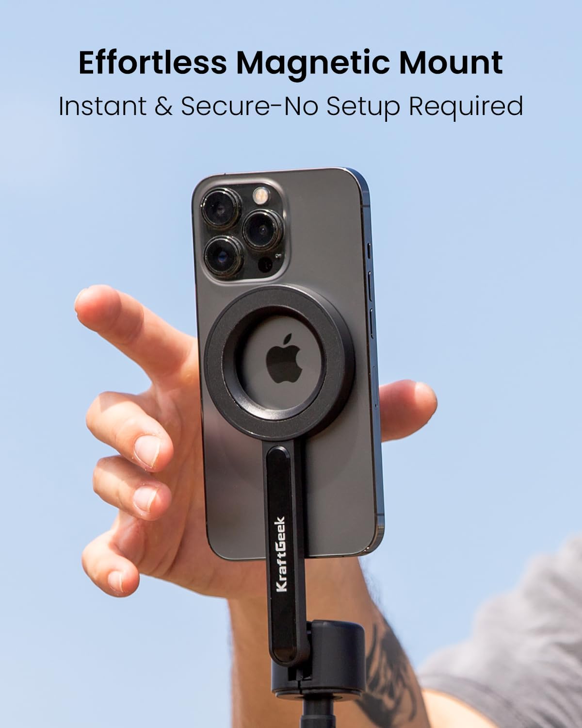 KraftGeek Magnetic Phone Tripod for iPhone, 64" Selfie Stick for Magsafe | N52 Magnetic Mount, Reinforced Aluminum, Portable Cell Phone Tripod Stand with Remote for Travel & Video Recording