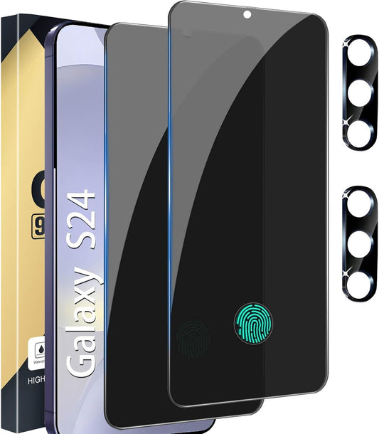 [2+2 Pack] Privacy Screen Protector Compatible with Galaxy S24 5G, 2 Tempered Glass Film with 2 Camera Lens Protectors, High Clarity, Anti-Spy Protection