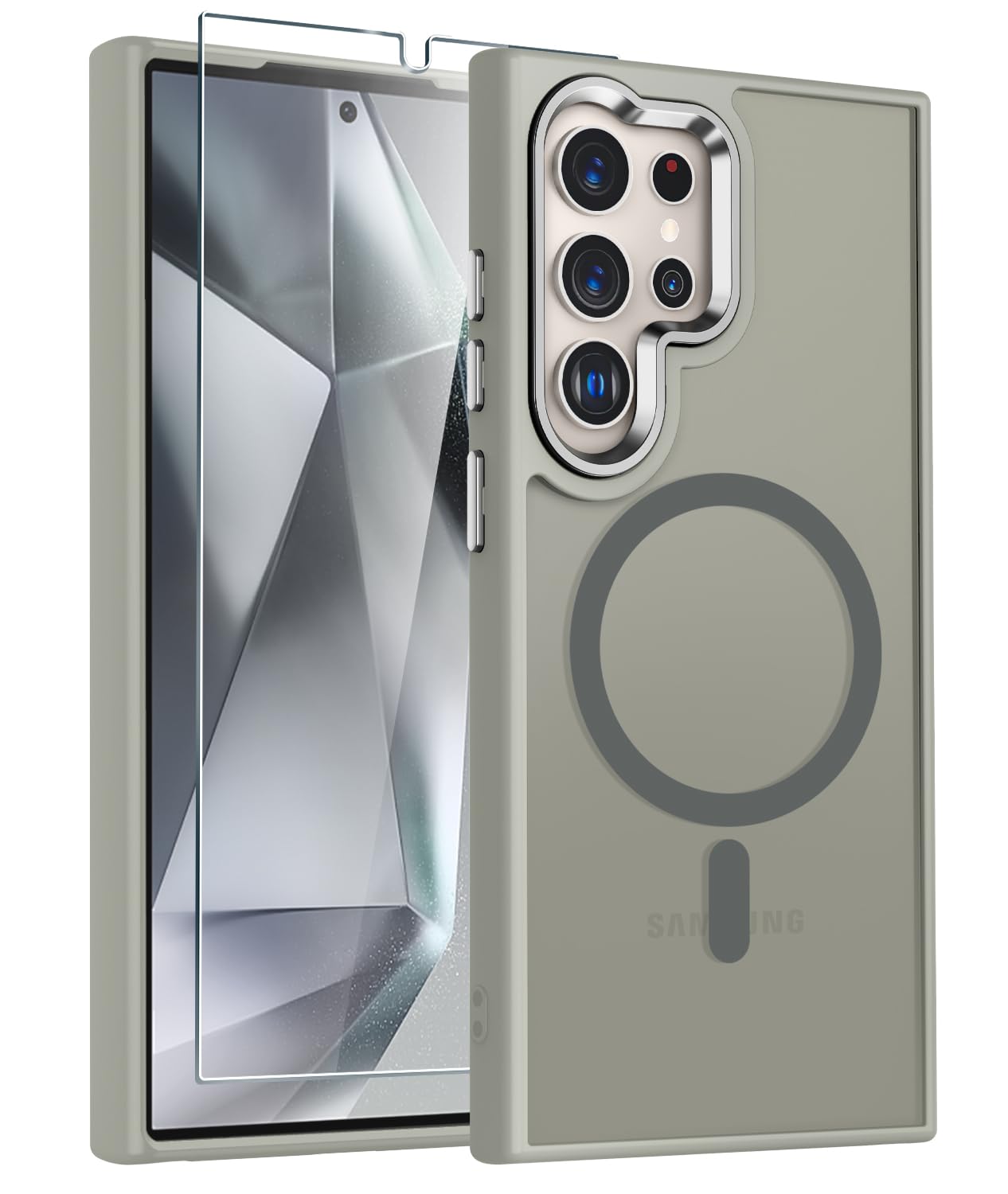 WRJ for Samsung Galaxy S25 Case,Galaxy S24 Case with Screen Protector,[Compatible with Magsafe] Magnetic Slim Matte Translucent Phone Case Women Men Shockproof Protective Cover-Matcha Green