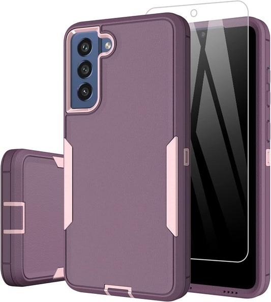 Dahkoiz for Samsung Galaxy S21 FE 5G Case, and Glass Screen Protector, Dust Proof Port Cover, Full Body Protection Durable Rubber Cover Phone Case, Purple