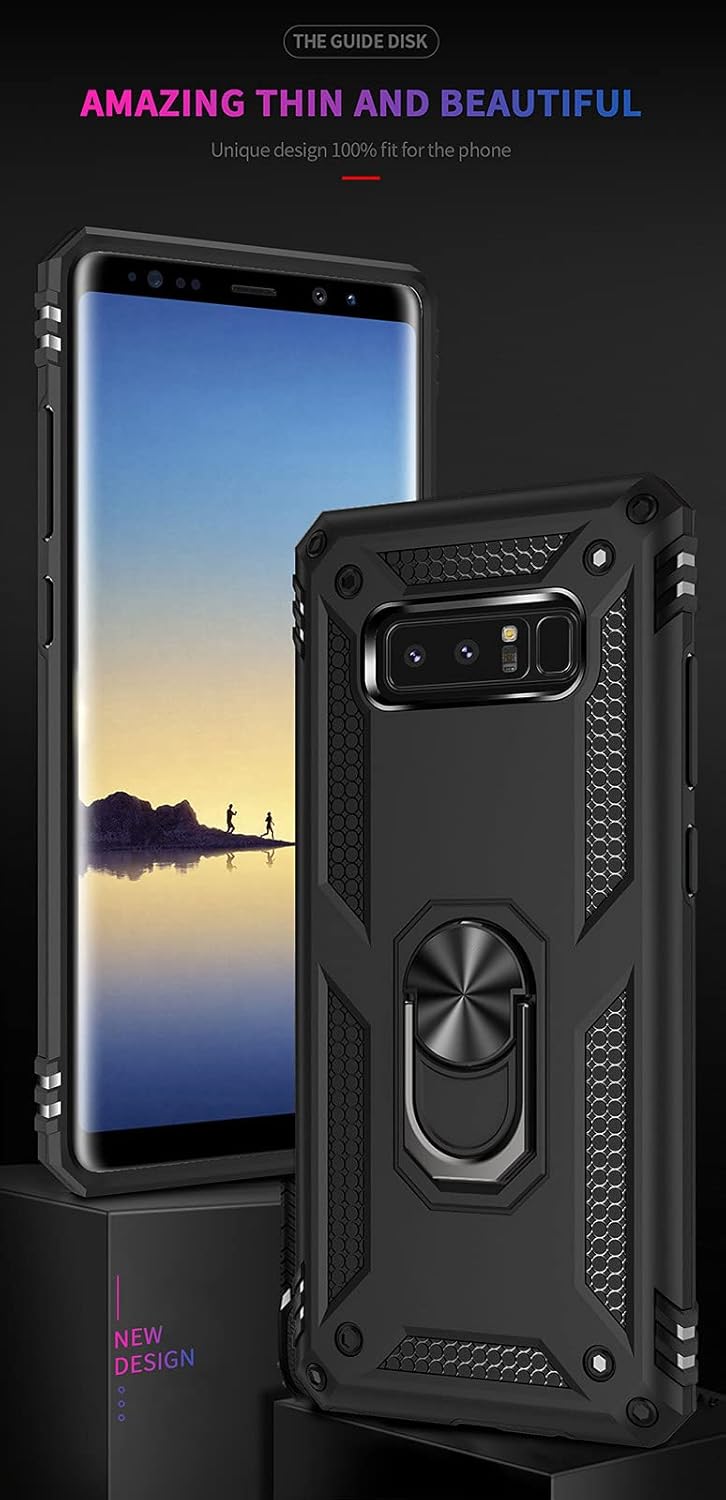 Androgate for Samsung Galaxy Note 8 Case with 3D PET Screen Protectors, Military-Grade Metal Ring Holder Kickstand 15ft Drop Tested Shockproof Cover Case for Samsung Galaxy Note 8 Black