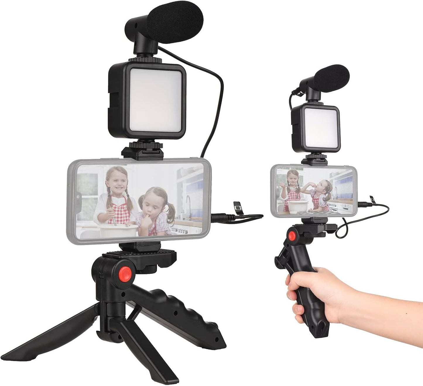 Andoer Smartphone Vlog Kit Mini LED Video Light + Cardioid Microphone + Extendable Phone Clip + Tripod with Adjustable Brightness for Live Stream Vlog Video Shooting Video Conference Selfie