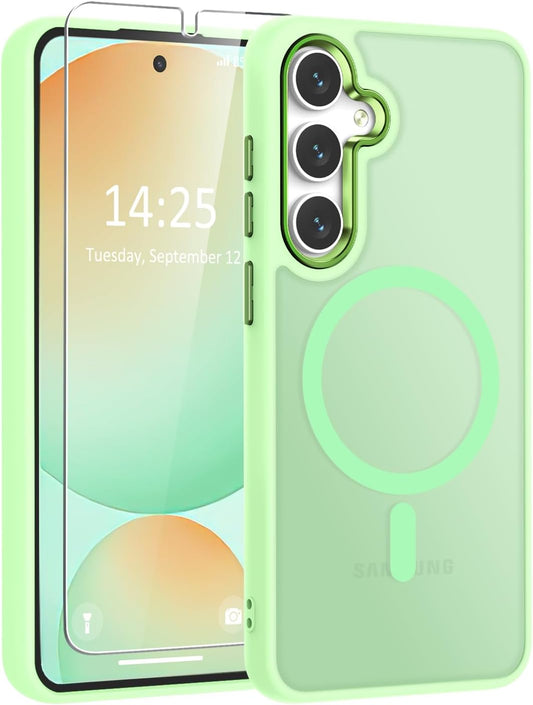 WRJ for Samsung Galaxy S25 Case,Galaxy S24 Case with Screen Protector,[Compatible with Magsafe] Magnetic Slim Matte Translucent Phone Case Women Men Shockproof Protective Cover-Matcha Green
