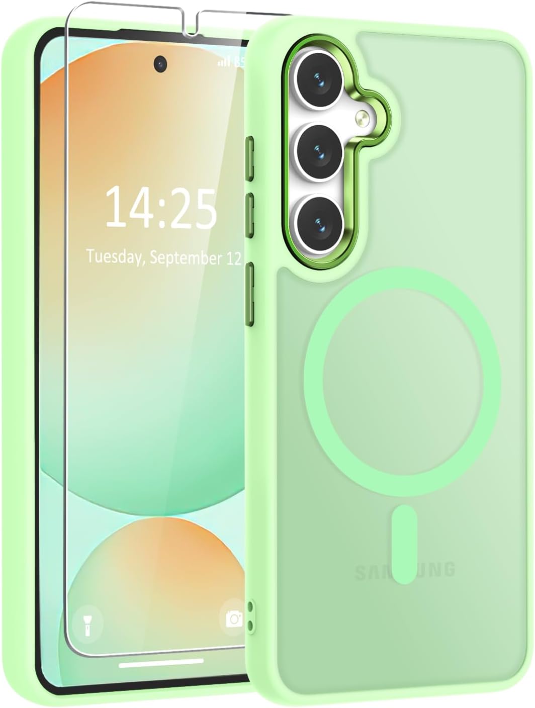 WRJ for Samsung Galaxy S25 Case,Galaxy S24 Case with Screen Protector,[Compatible with Magsafe] Magnetic Slim Matte Translucent Phone Case Women Men Shockproof Protective Cover-Matcha Green