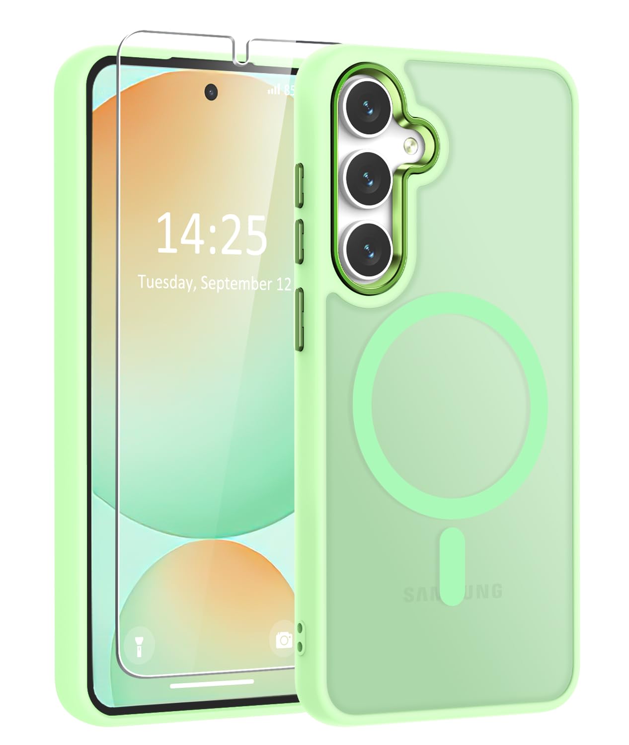 WRJ for Samsung Galaxy S25 Case,Galaxy S24 Case with Screen Protector,[Compatible with Magsafe] Magnetic Slim Matte Translucent Phone Case Women Men Shockproof Protective Cover-Matcha Green