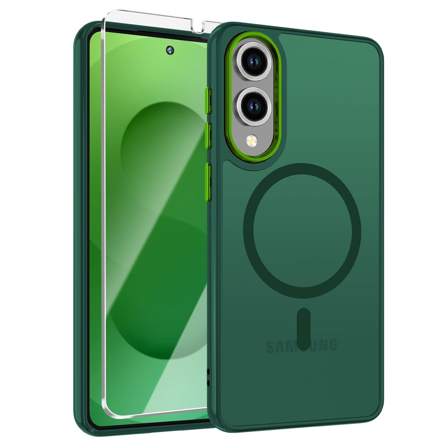 WRJ for Samsung Galaxy S25 Case,Galaxy S24 Case with Screen Protector,[Compatible with Magsafe] Magnetic Slim Matte Translucent Phone Case Women Men Shockproof Protective Cover-Matcha Green