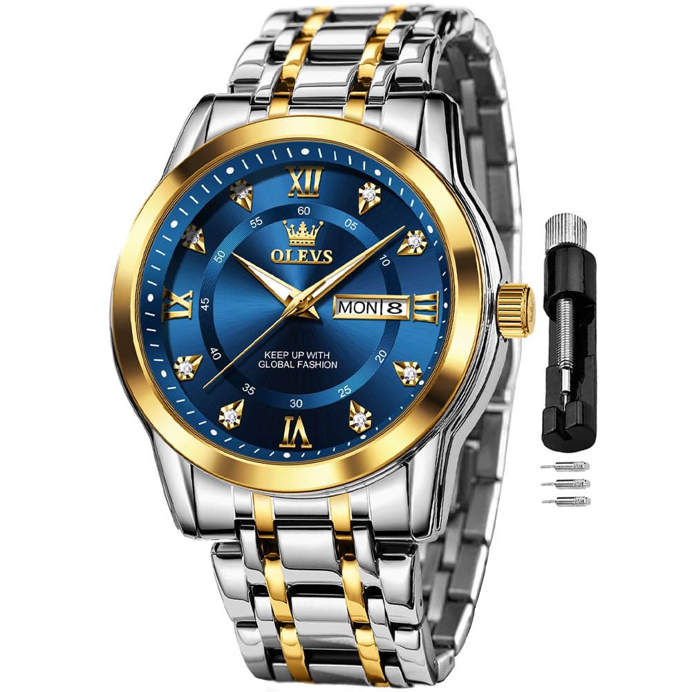 OLEVS Watch for Men Classic Business Dress Analog Quartz Stainless Steel Waterproof Luminous Date Diamond Men Silver Watch